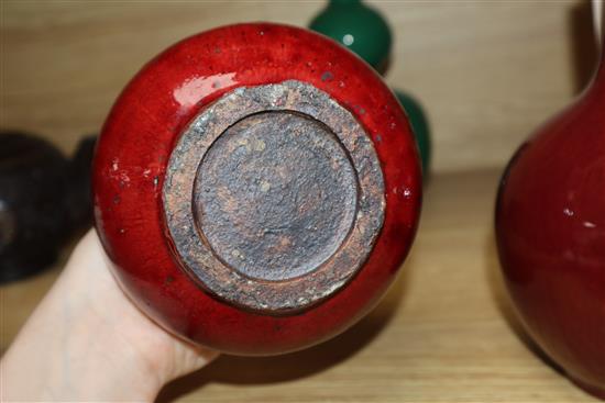 Two Chinese flambe glazed vases and a green crackle glaze double gourd vase (3) Tallest piece measures 23cm